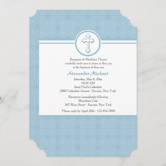 Blauwe vierkantjes religieuze uitnodiging (Voorkant / Achterkant)