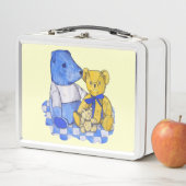 blauwe vinnen picknick cloth met drie teddyberen (In situ)