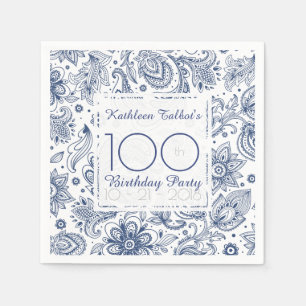 Blauwe Vintage 100e jaardag papier servet