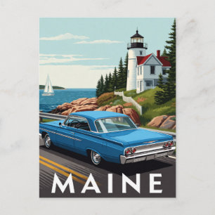 🚗 Blauwe Vintage Auto Maine Kustweg Briefkaart