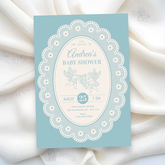 Blauwe vintage baby shower kaart