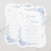 Blauwe Vintage Bloemen Bruids Douche Uitnodiging (Voorkant / Achterkant)