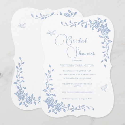 Blauwe Vintage Bloemen Bruids Douche Uitnodiging (Voorkant / Achterkant)
