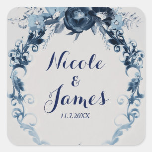Blauwe Vintage Bloemen Elegante Bloemige Trouwguns Vierkante Sticker