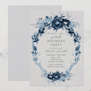 Blauwe Vintage Bloemen Elegante Bloemige Verjaarda Kaart