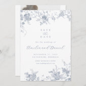 Blauwe Vintage Bloemen Save the Date Kaart (Voorkant / Achterkant)