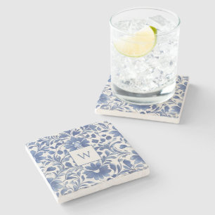Blauwe Vintage Bloemige Monogram Steencoaster Stenen Onderzetter