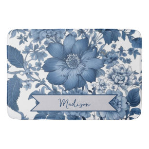 Blauwe Vintage Chinoiserie Bloemen gepersonaliseer Badmat