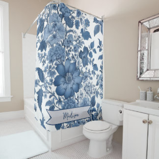 Blauwe Vintage Chinoiserie Bloemen gepersonaliseer Douchegordijn