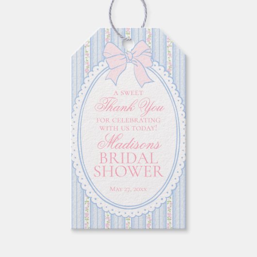 Blauwe Vintage Fancy Bloemige Bruidsfeest Favoren Cadeaulabel (Voorkant)