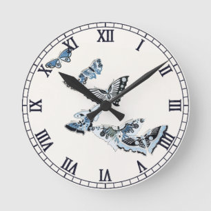 Blauwe Vintage Japanse Vlinder Waterverf Ronde Klok