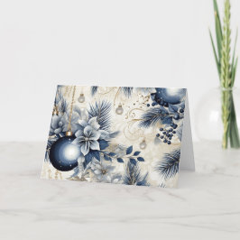 Blauwe Vintage Kerstbloemen Feestdagen Kaart