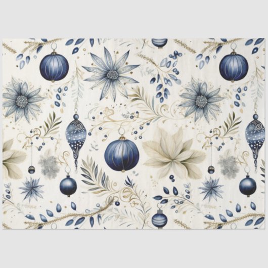 Blauwe Vintage Kerstmis Bloemen Decoupage Tissuepapier (Voorkant)