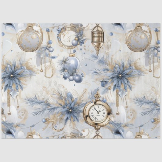Blauwe Vintage Kerstmis Bloemen Decoupage Tissuepapier (Voorkant)