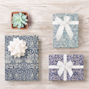 Blauwe Vintage Morris-patronen Vogels en Konijnen Inpakpapier Vel