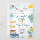 Blauwe Vintage Reizen Onederful Wereld 1e Verjaard Kaart (Voorkant)