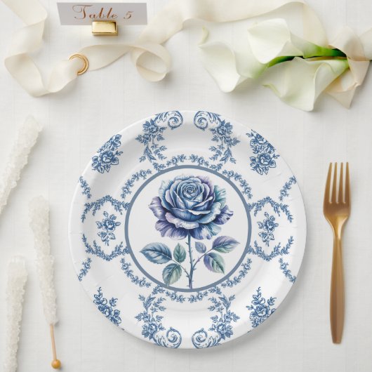 Blauwe Vintage Roos Papieren Bordje (Huwelijk)