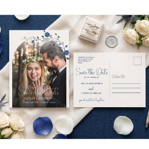 Blauwe Vintage Roos Wijnstok Save the Date Briefkaart