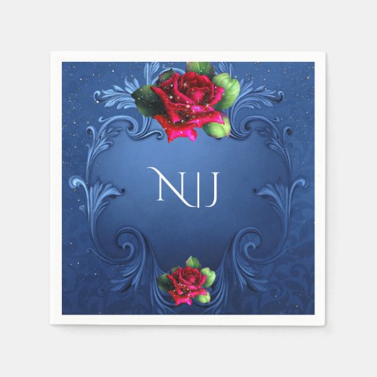 Blauwe Vintage Sierlijke Rode Rozen Bruiloft Servetten (Voorkant)