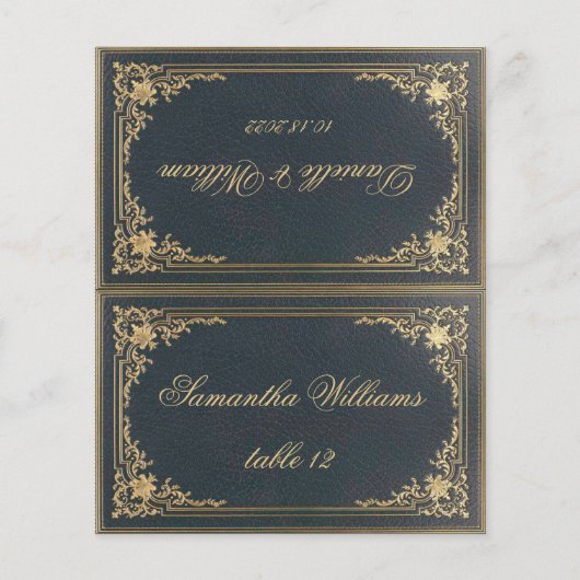 Blauwe Vintage Trouwplaatskaart Gedrukte Gastenaam (Voorkant)