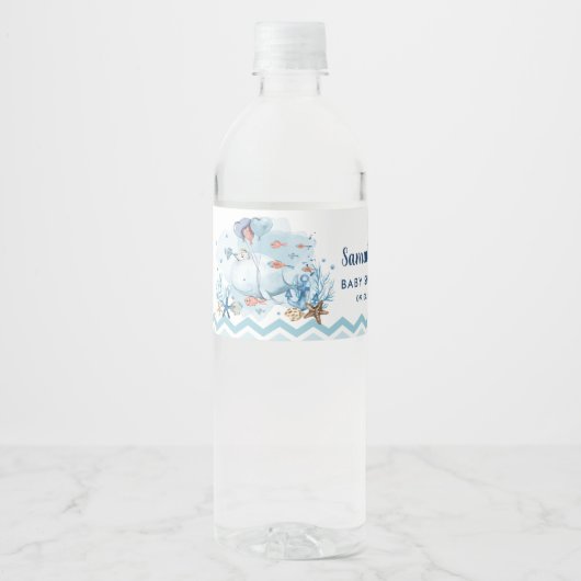 Blauwe vinvis onder het Zee Nautical Boy Baby show Waterfles Etiket (Voorkant)
