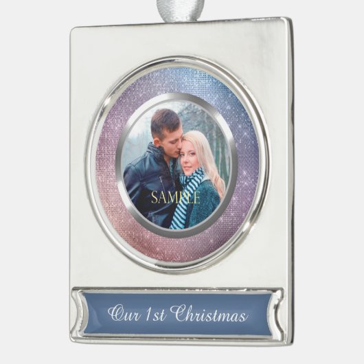 Blauwe Violet Starry licht eerste kerst Verzilverd Banner Ornament (Links)