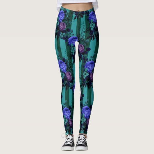 Blauwe violetgothische Rozen Verticale lijnen Gard Leggings (Voorkant)