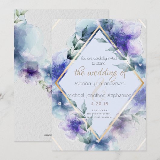 Blauwe violette bloemenuitnodiging kaart (Voorkant / Achterkant)