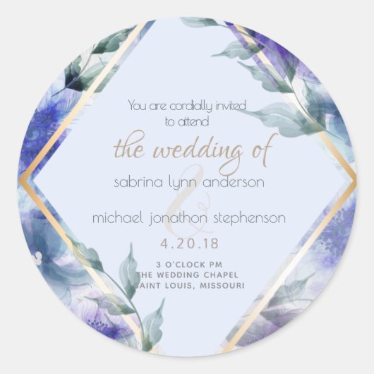 Blauwe violette doorschijnende bloem ronde sticker (Voorkant)