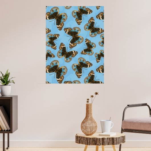 Blauwe viooltjesvlinder patroon poster (Woonkamer 3)