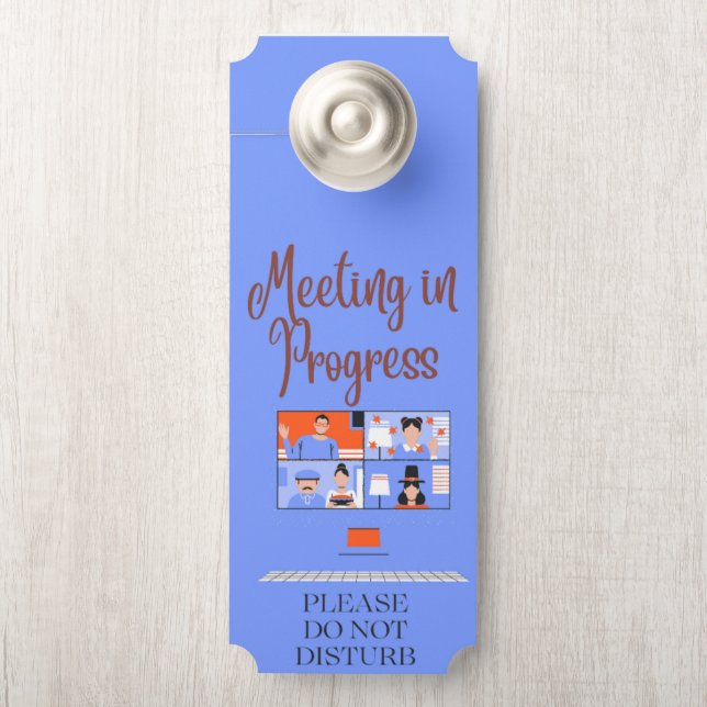 Blauwe virtuele vergadering aan de gang niet store deurhanger (Op knop)