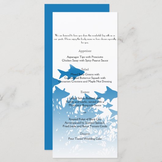 Blauwe vis en koraal bruiloft Menu (Voorkant / Achterkant)