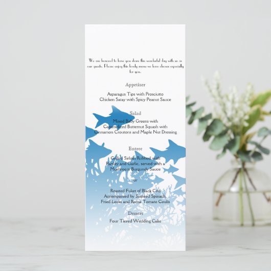 Blauwe vis en koraal bruiloft Menu (Staand voorkant)