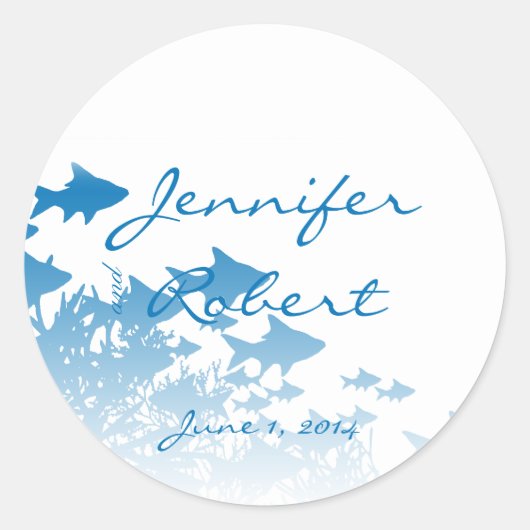 Blauwe vis en koraal envelop afdichting ronde sticker (Voorkant)