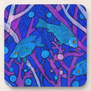 Blauwe vis in zeewier, onderwater kunst papieren c bier onderzetter