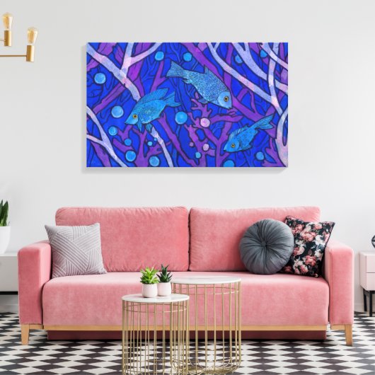 Blauwe vis in zeewier, onderwater kunstpapieren vl canvas afdruk (Insitu (Woonkamer))
