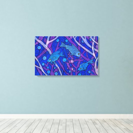 Blauwe vis in zeewier, onderwater kunstpapieren vl canvas afdruk (Insitu (Houten vloer))