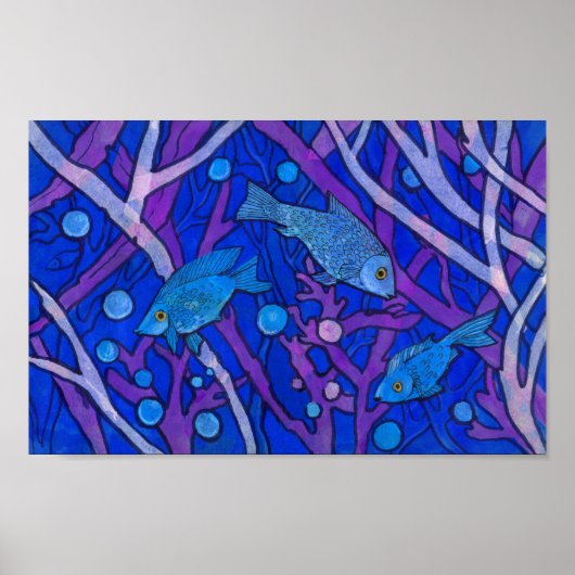Blauwe vis in zeewier, onderwaterkunstpapier, coll poster (Voorkant)