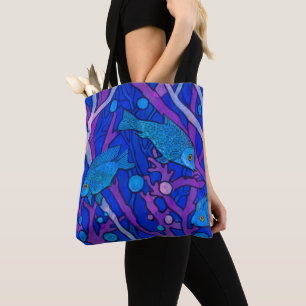 Blauwe vis in zeewier, onderwaterkunstpapier, coll tote bag