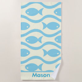 Blauwe vis met golfpatroon Gepersonaliseerde Kinde Strandlaken