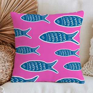 Blauwe vis op hete roze dopamine esthetische oceaa kussen