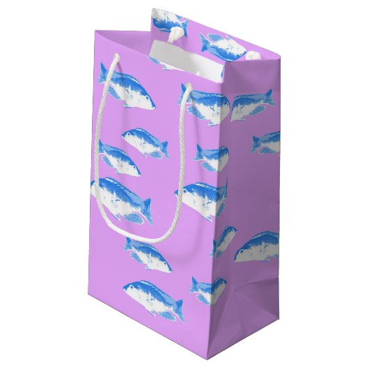 Blauwe vis op lila klein cadeauzakje (Achterkant Gekanteld)