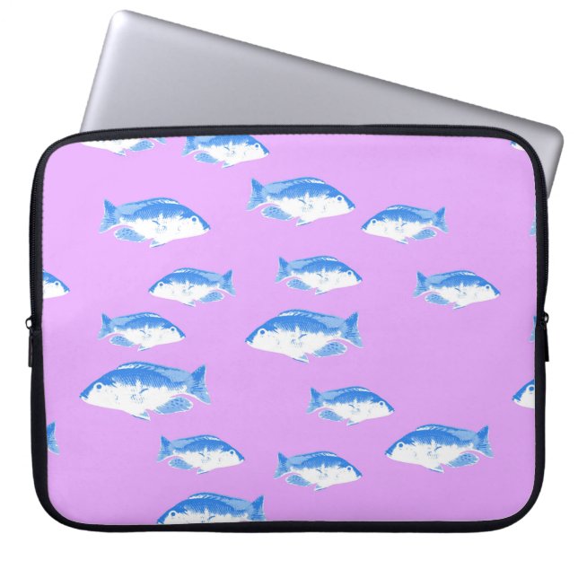 Blauwe vis op lila laptop sleeve (Voorkant)