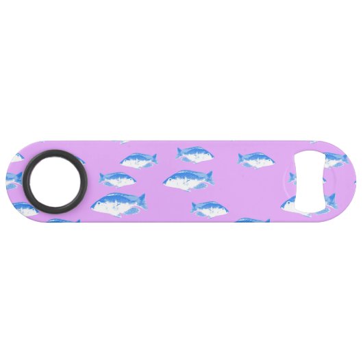 Blauwe vis op lila speed flessenopener (Achterkant Horizontaal)