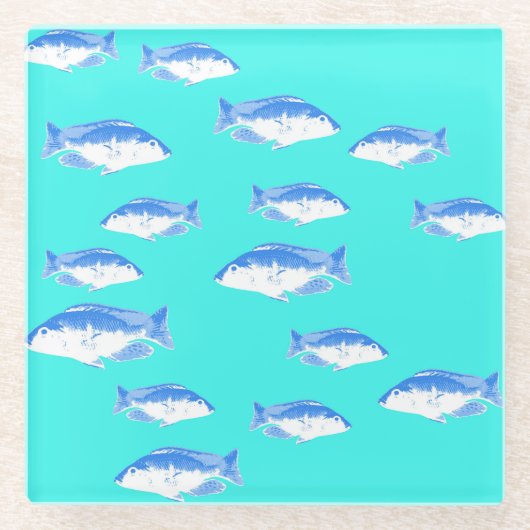 Blauwe vis op turquoise glazen onderzetter (Voorkant)