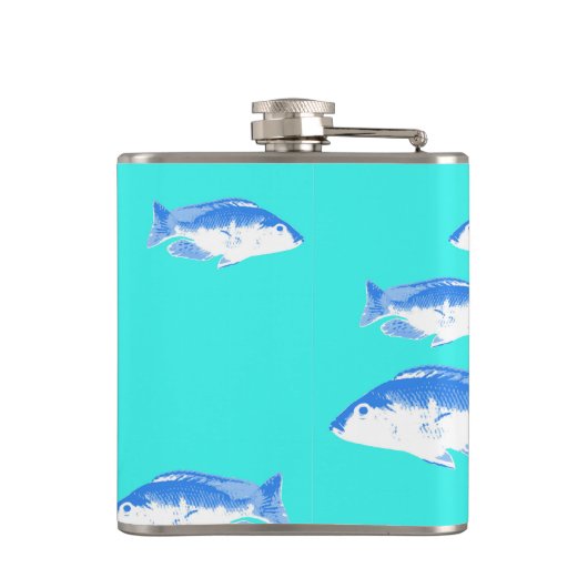 Blauwe vis op turquoise heupfles (Achterkant)