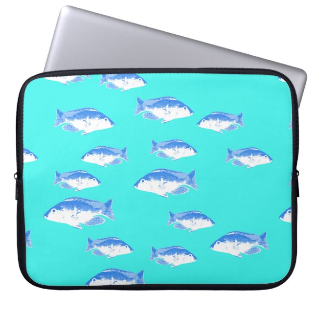 Blauwe vis op turquoise laptop sleeve (Voorkant)