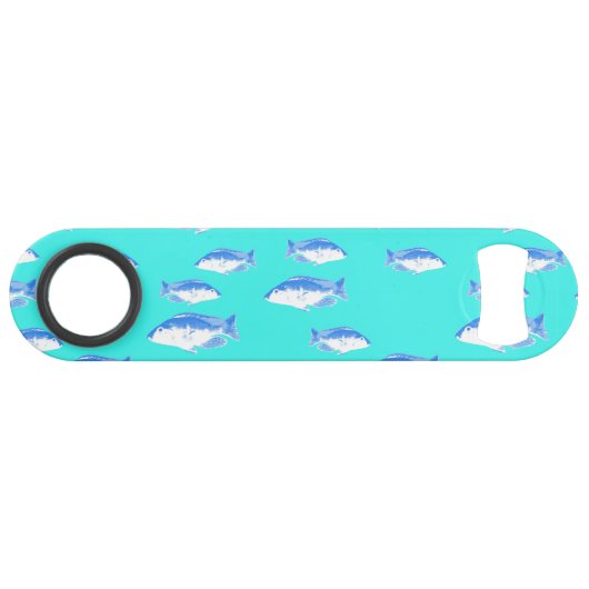 Blauwe vis op turquoise speed flessenopener (Achterkant Horizontaal)