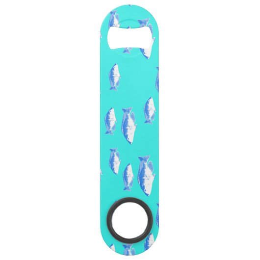Blauwe vis op turquoise speed flessenopener (Achterkant)