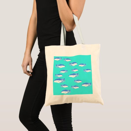 Blauwe vis op turquoise tote bag (Voorkant (product))